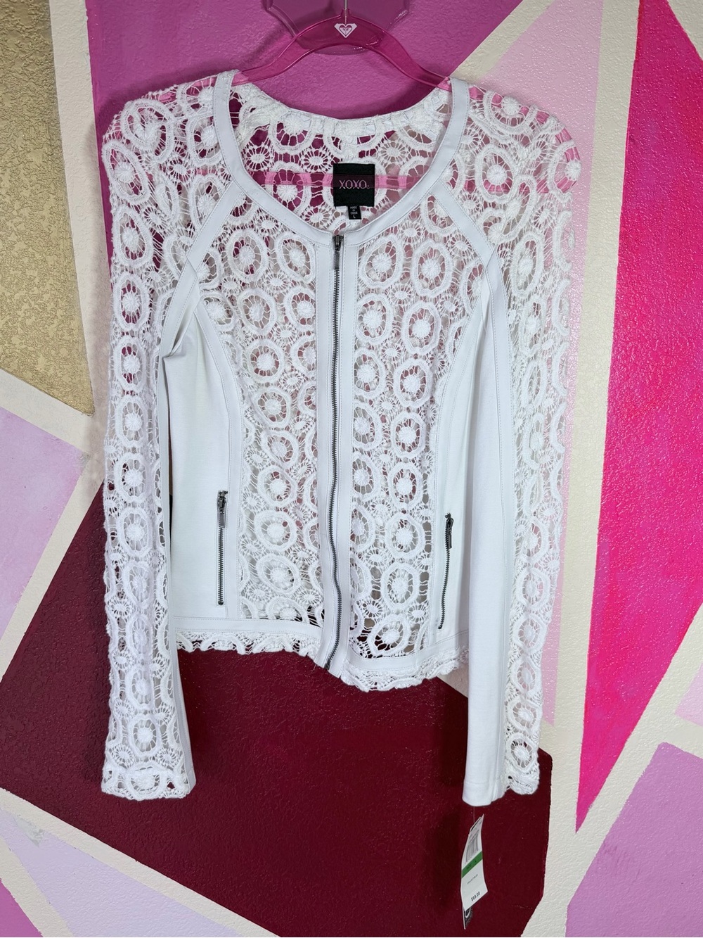 XOXO White faux Leather Crochet Moto Jacket NWT Silver zip up